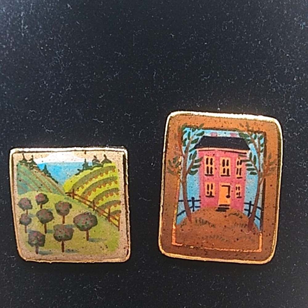 Lot of (2) Hand Painted stoneware ceramic brooches signed by the artist